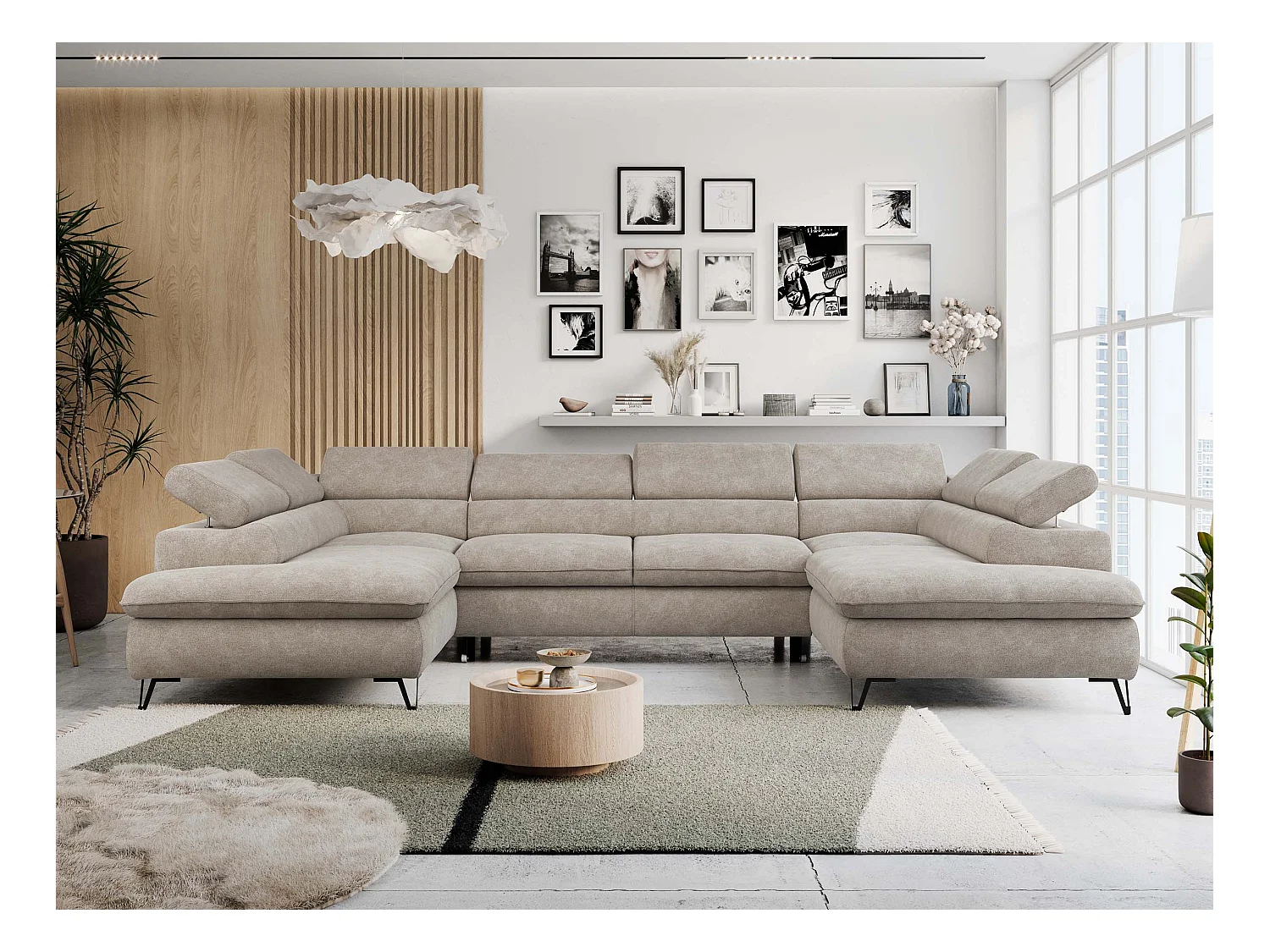 Ecksofa PETER U - schlaffunktion und Bettkästen, verstellbare Kopfstützen - Beige Stukture