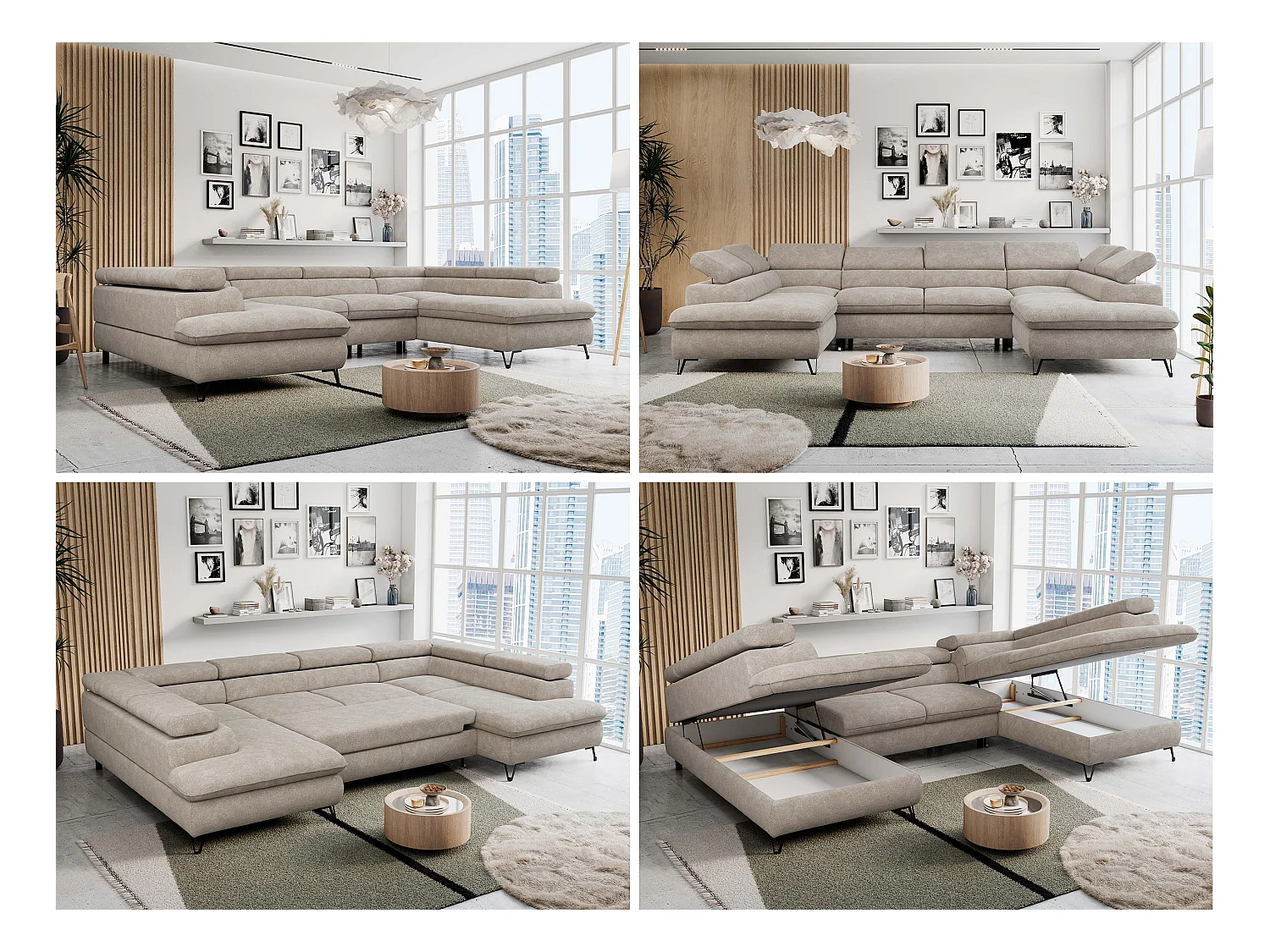 Ecksofa PETER U - schlaffunktion und Bettkästen, verstellbare Kopfstützen - Beige Stukture