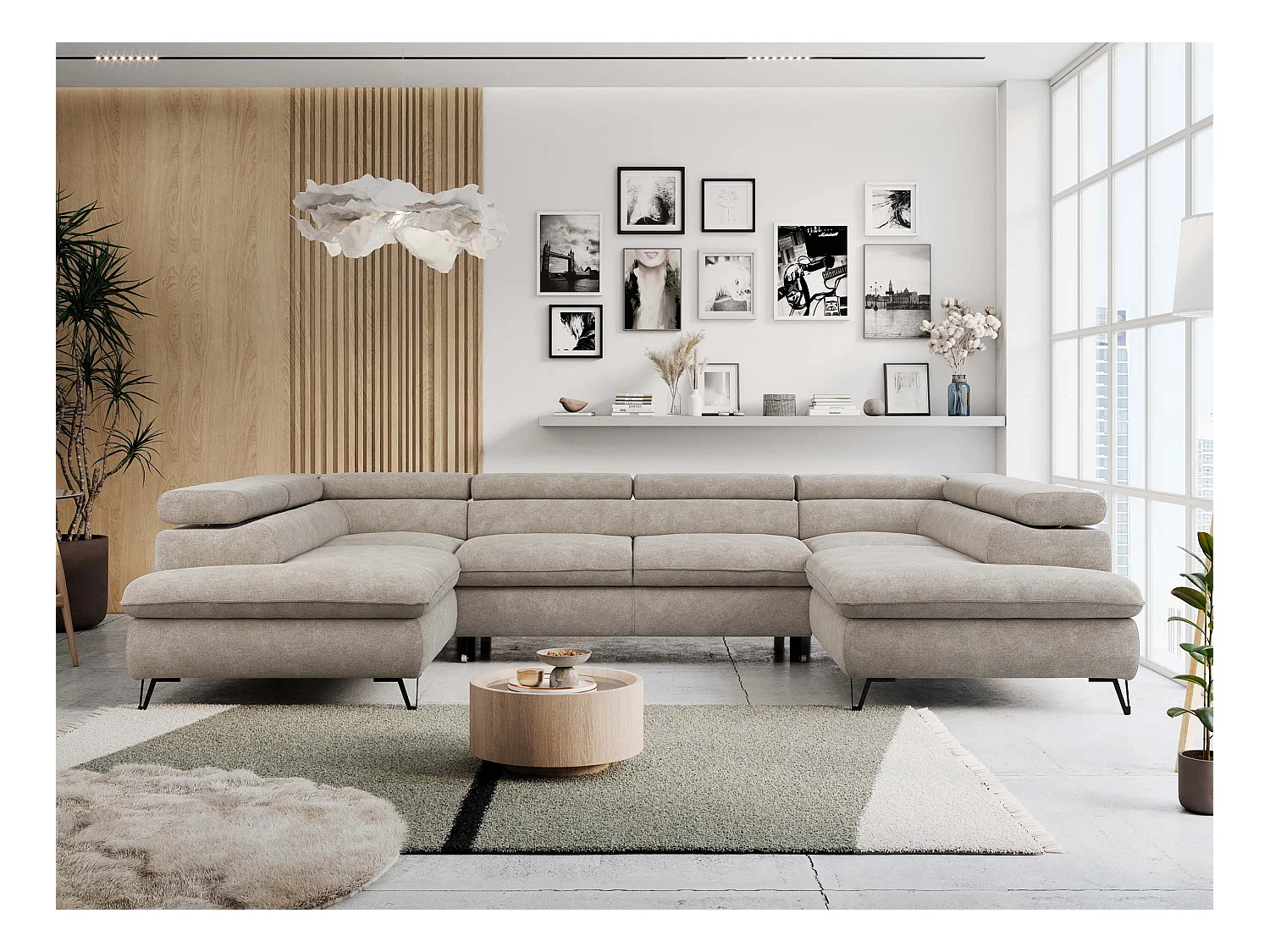 Ecksofa PETER U - schlaffunktion und Bettkästen, verstellbare Kopfstützen - Beige Stukture