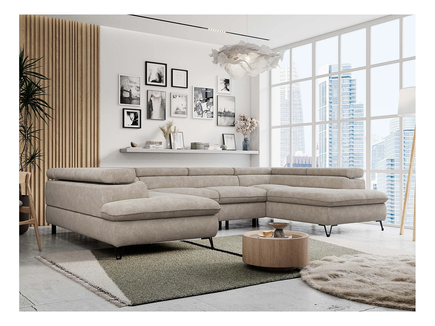 Ecksofa PETER U - schlaffunktion und Bettkästen, verstellbare Kopfstützen - Beige Stukture