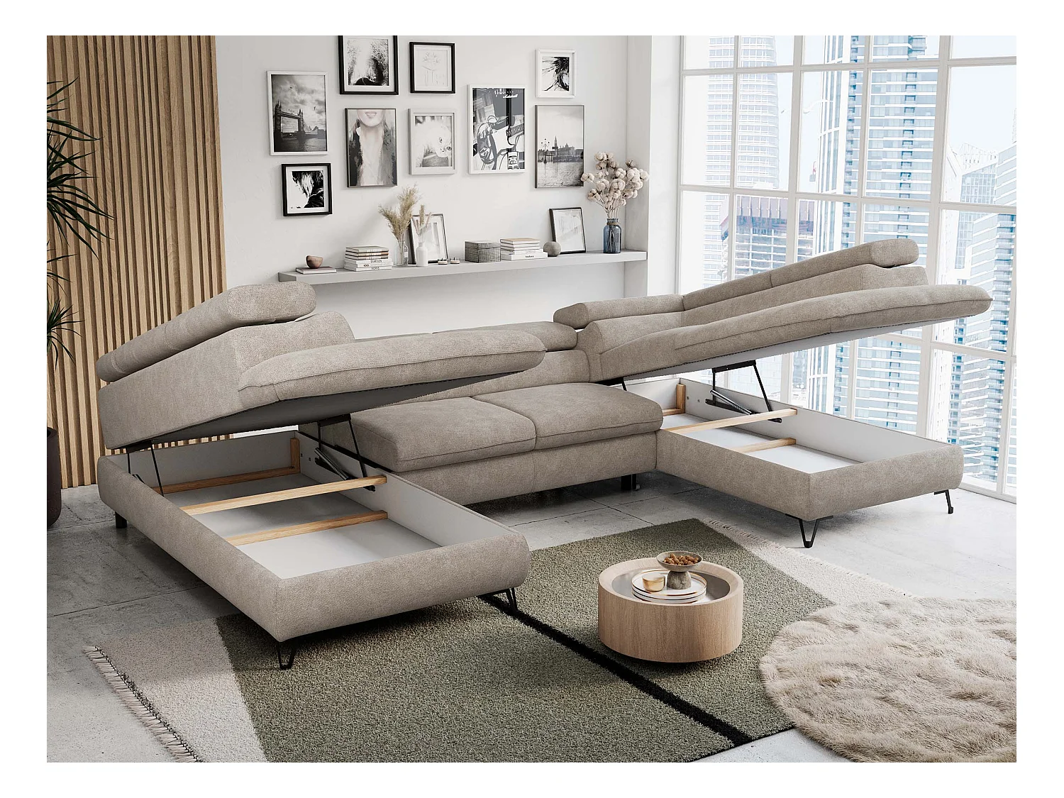 Ecksofa PETER U - schlaffunktion und Bettkästen, verstellbare Kopfstützen - Beige Stukture