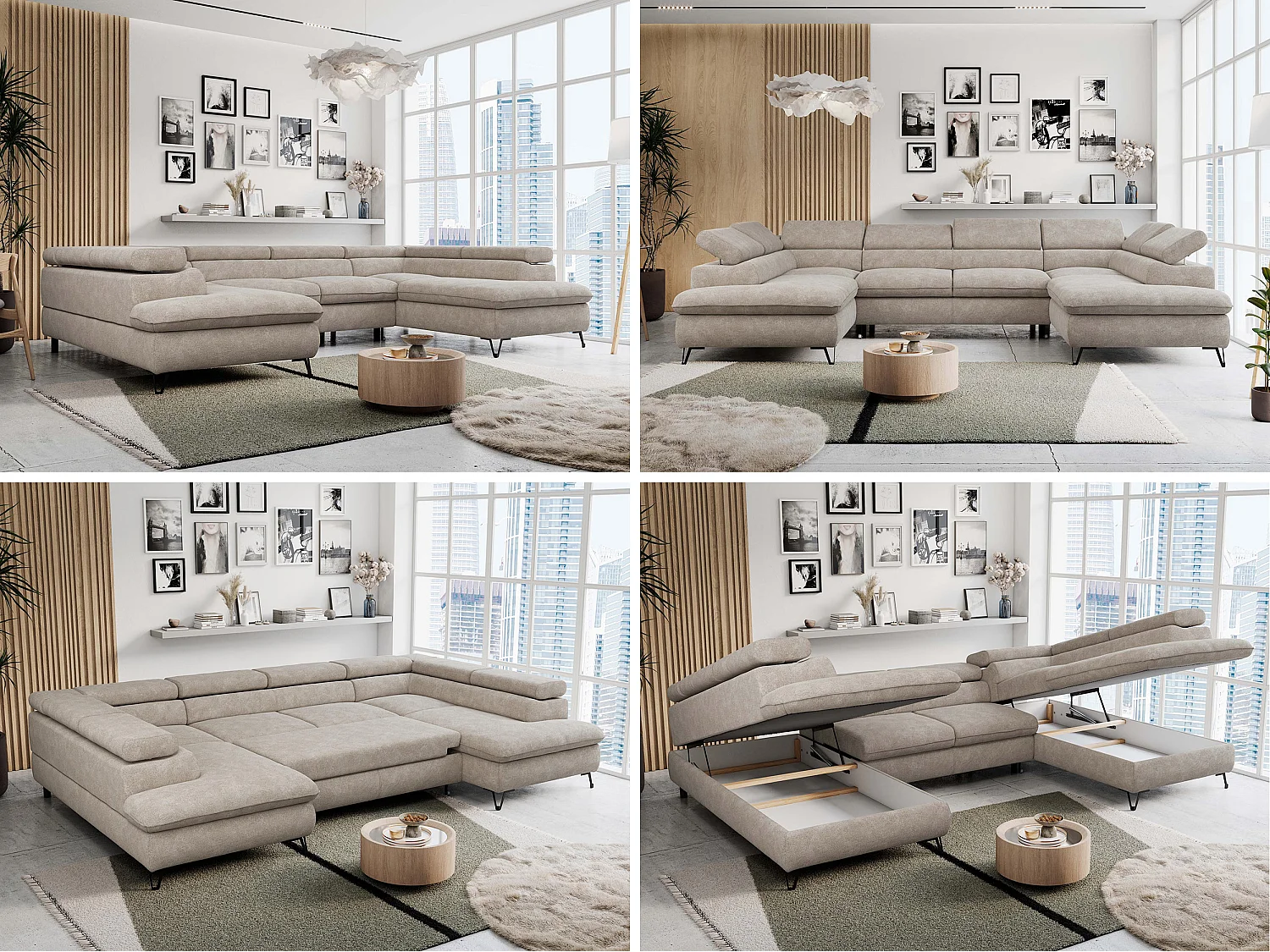 Ecksofa PETER U - schlaffunktion und Bettkästen, verstellbare Kopfstützen - Beige Stukture