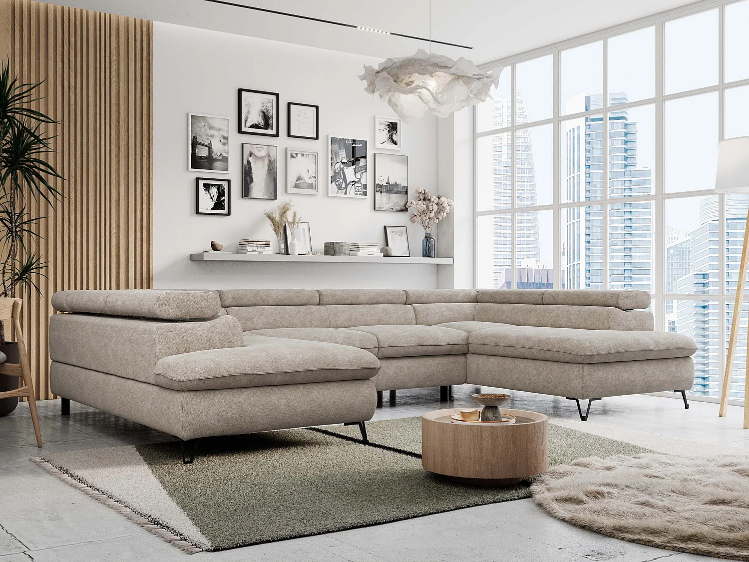 Ecksofa PETER U - schlaffunktion und Bettkästen, verstellbare Kopfstützen - Beige Stukture