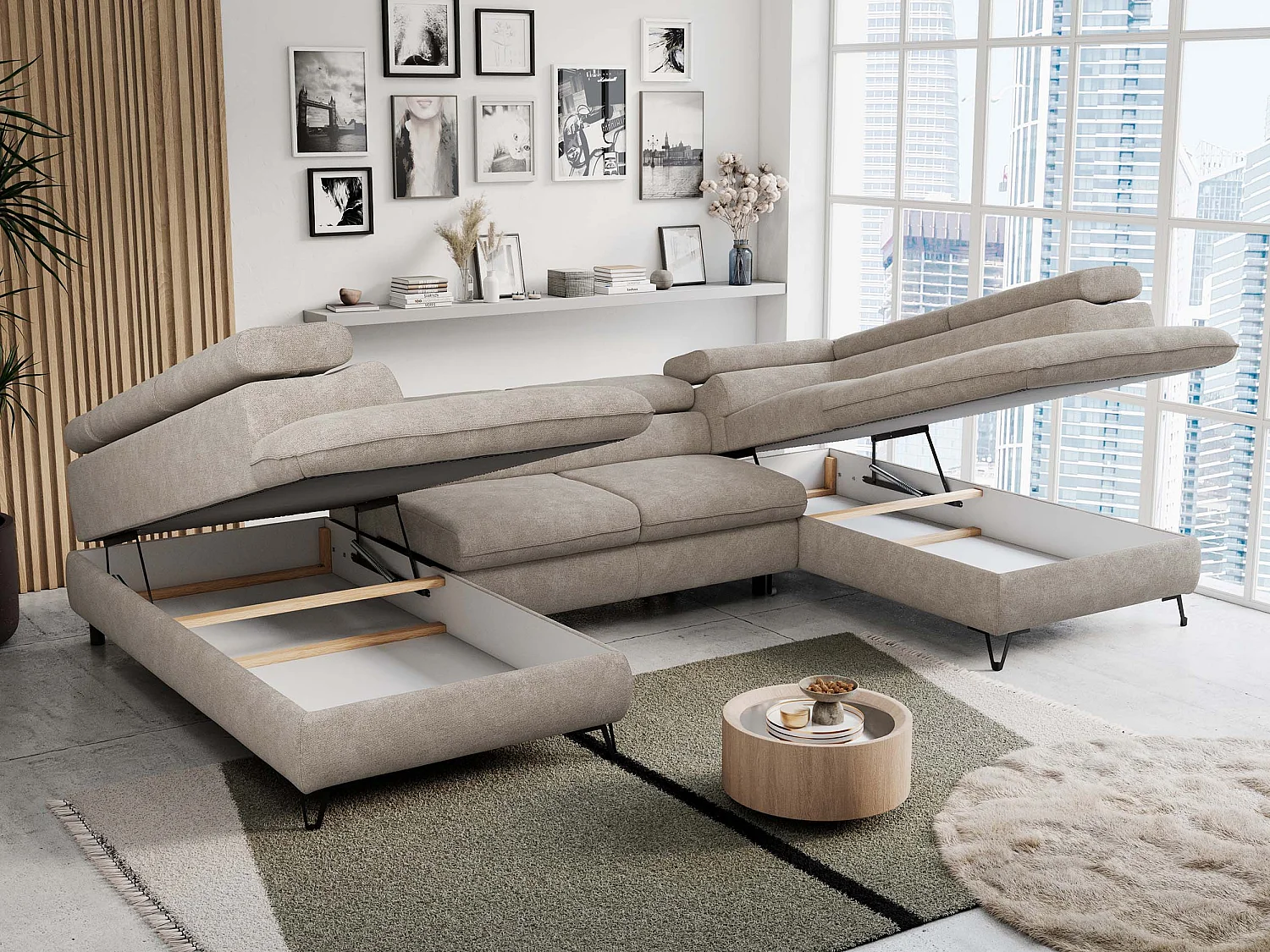 Ecksofa PETER U - schlaffunktion und Bettkästen, verstellbare Kopfstützen - Beige Stukture
