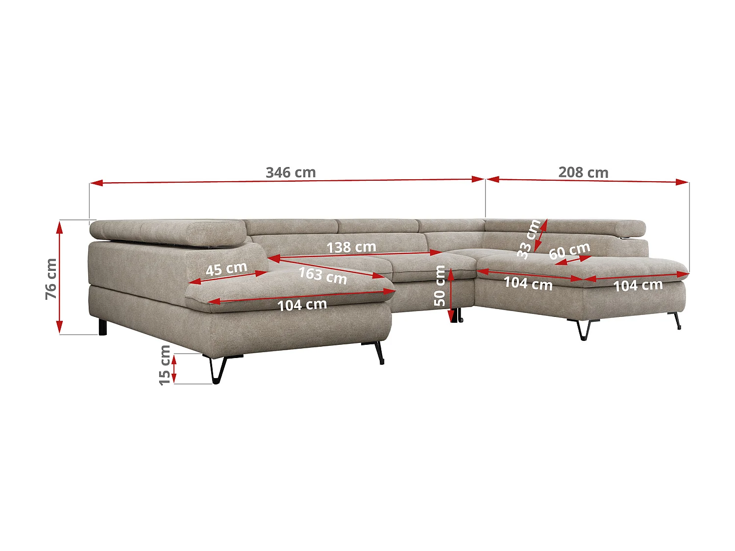 Ecksofa PETER U - schlaffunktion und Bettkästen, verstellbare Kopfstützen - Beige Stukture
