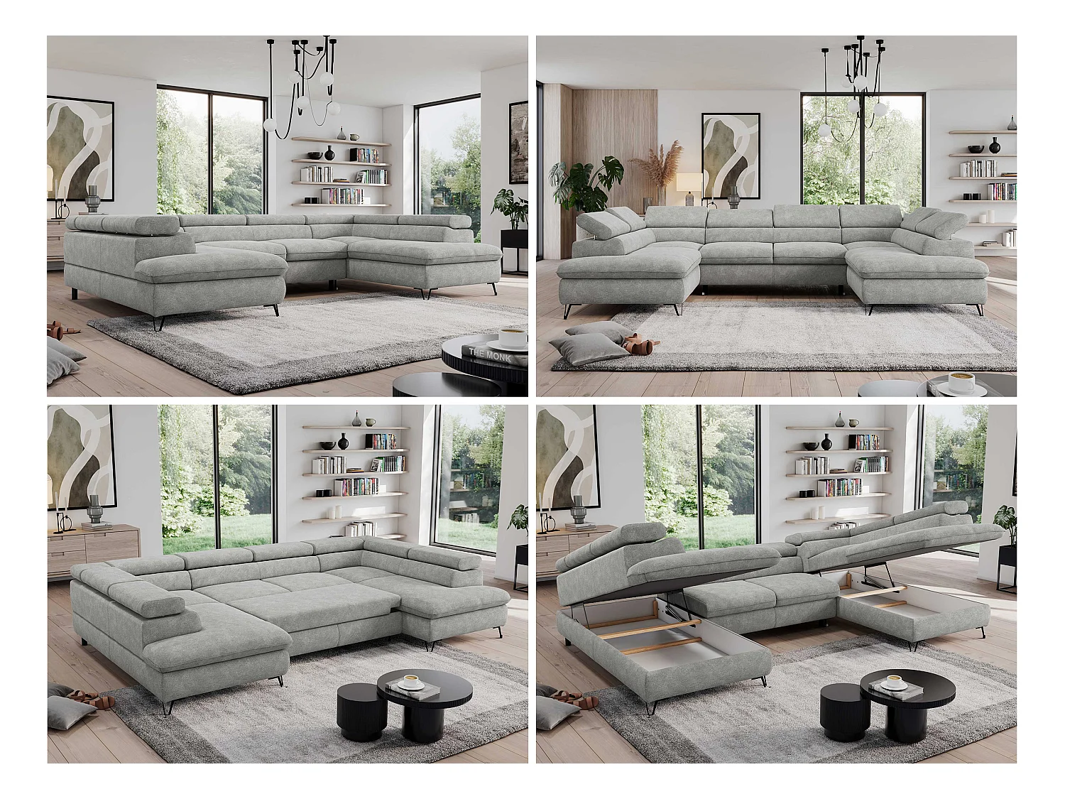 Ecksofa PEDRO U - XXL U-förmige Ecke, schlaffunktion und Bettkästen - Hellgrau Stukture