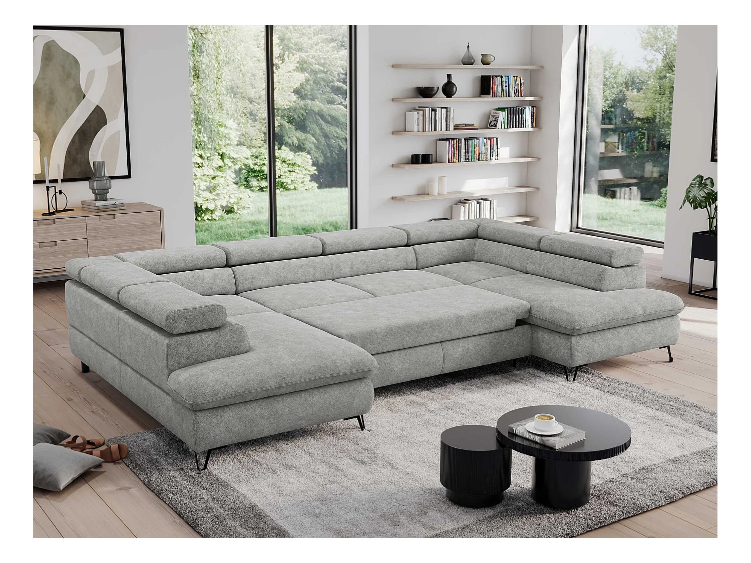 Ecksofa PEDRO U - XXL U-förmige Ecke, schlaffunktion und Bettkästen - Hellgrau Stukture