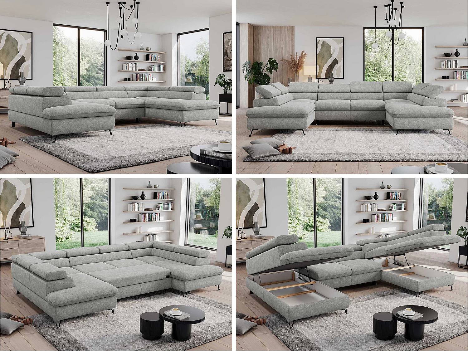 Ecksofa PEDRO U - XXL U-förmige Ecke, schlaffunktion und Bettkästen - Hellgrau Stukture