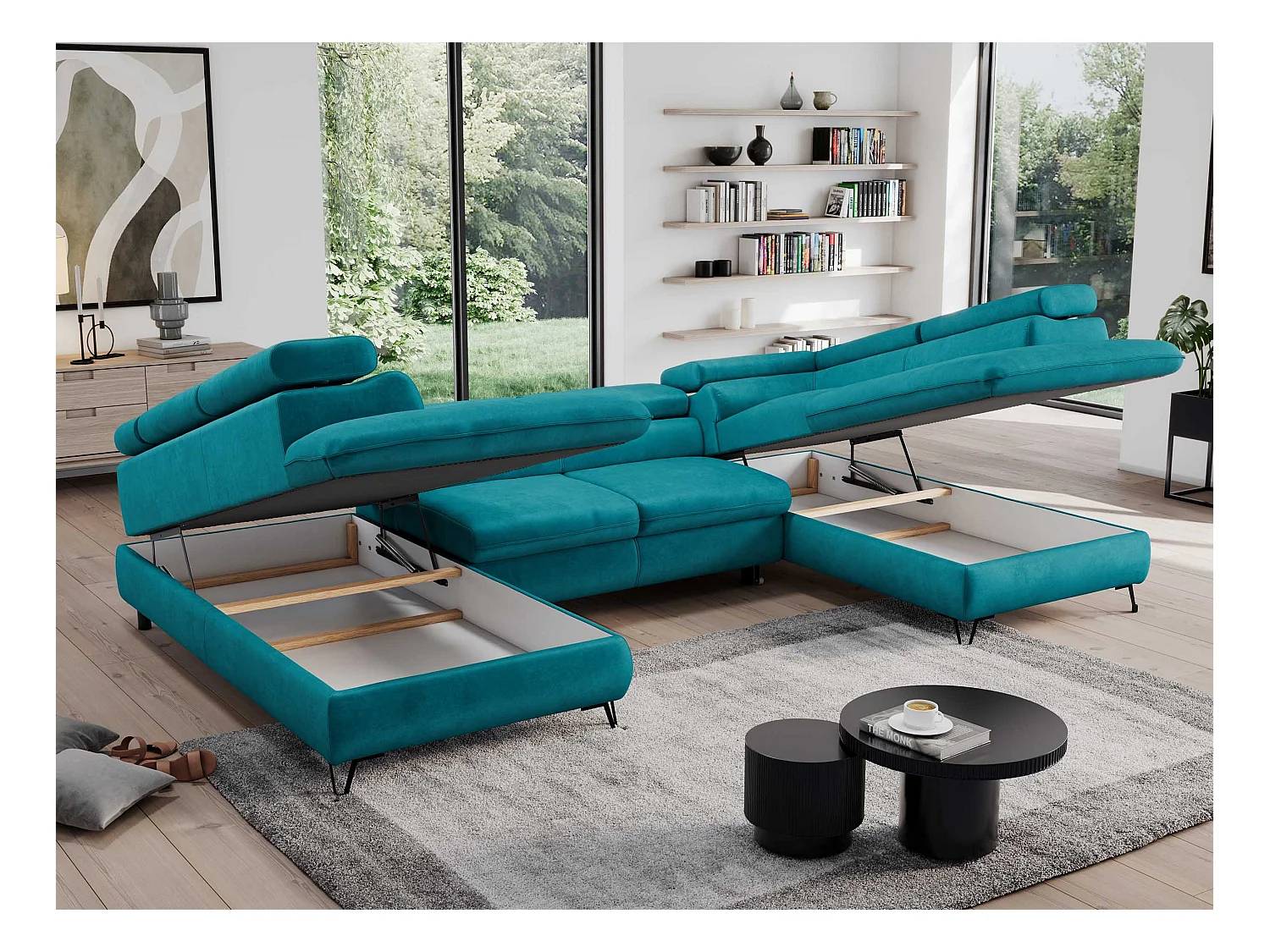 Ecksofa PEDRO U - XXL U-förmige Ecke, schlaffunktion und Bettkästen - Dunkelblau Velvet