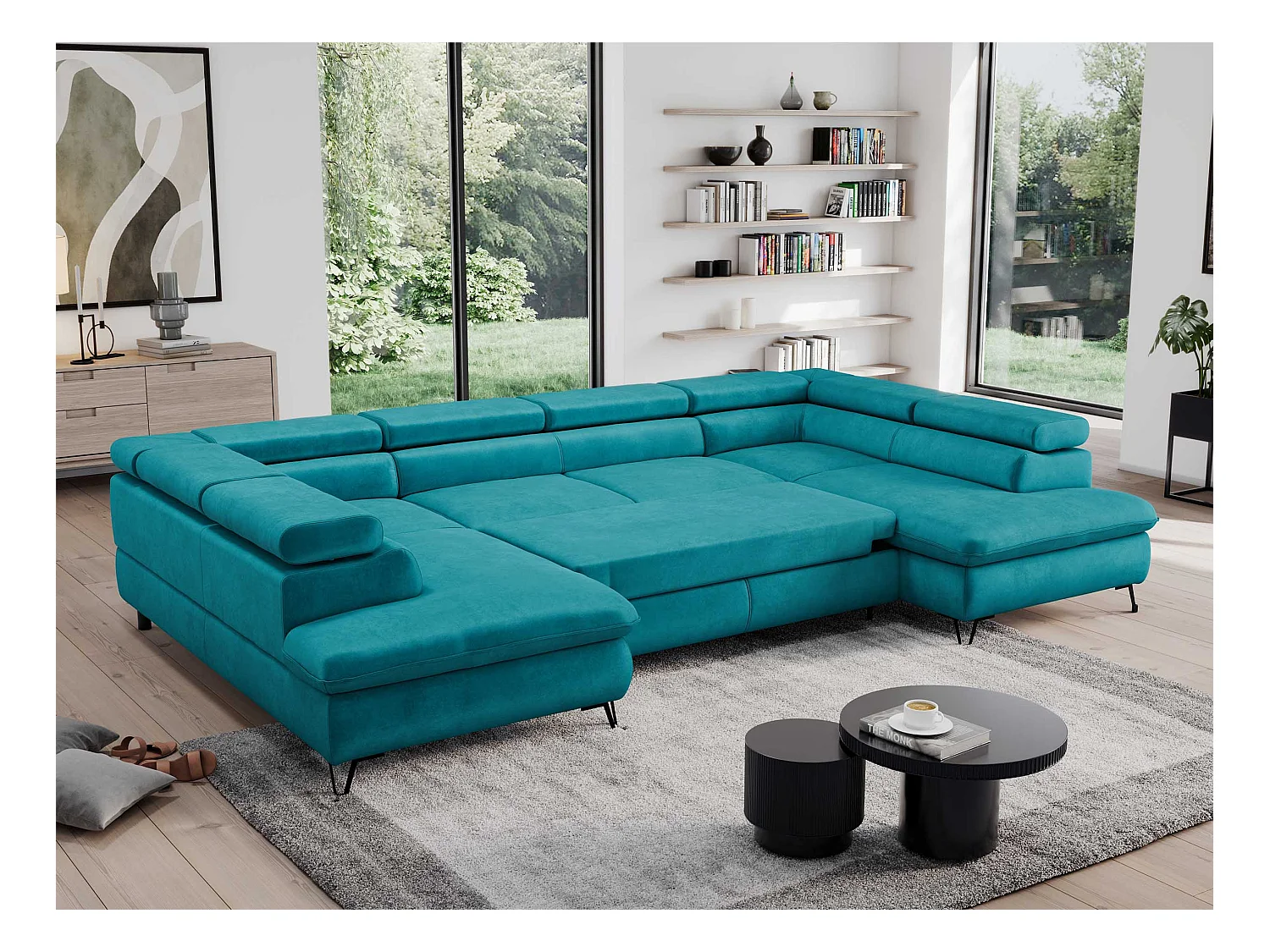 Ecksofa PEDRO U - XXL U-förmige Ecke, schlaffunktion und Bettkästen - Dunkelblau Velvet