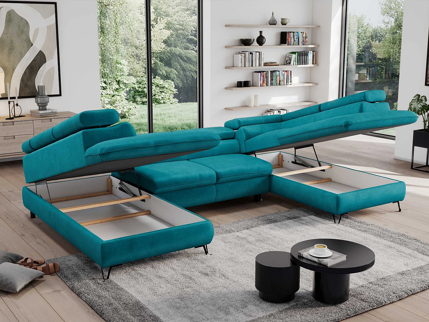 Ecksofa PEDRO U - XXL U-förmige Ecke, schlaffunktion und Bettkästen - Dunkelblau Velvet