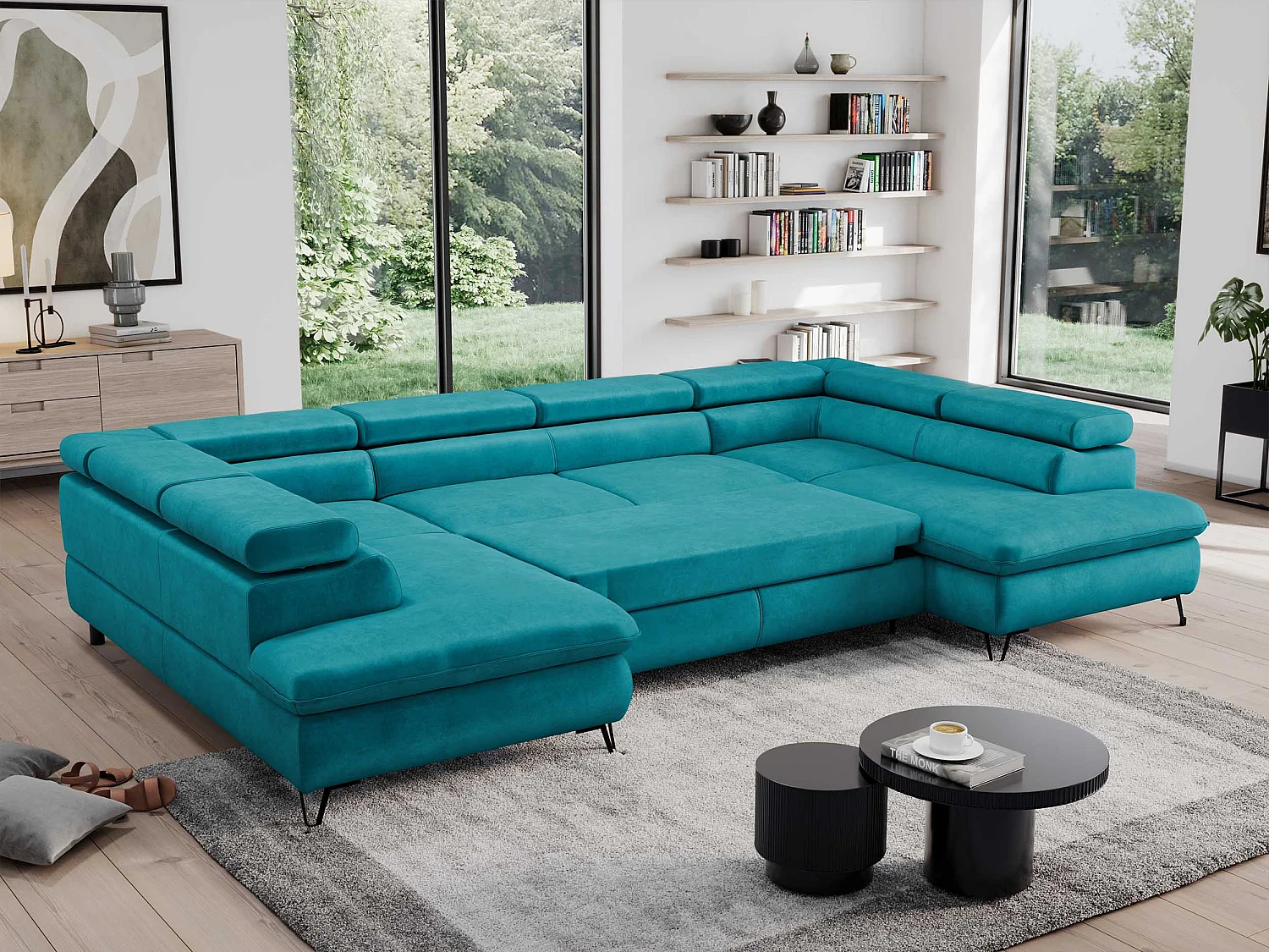 Ecksofa PEDRO U - XXL U-förmige Ecke, schlaffunktion und Bettkästen - Dunkelblau Velvet