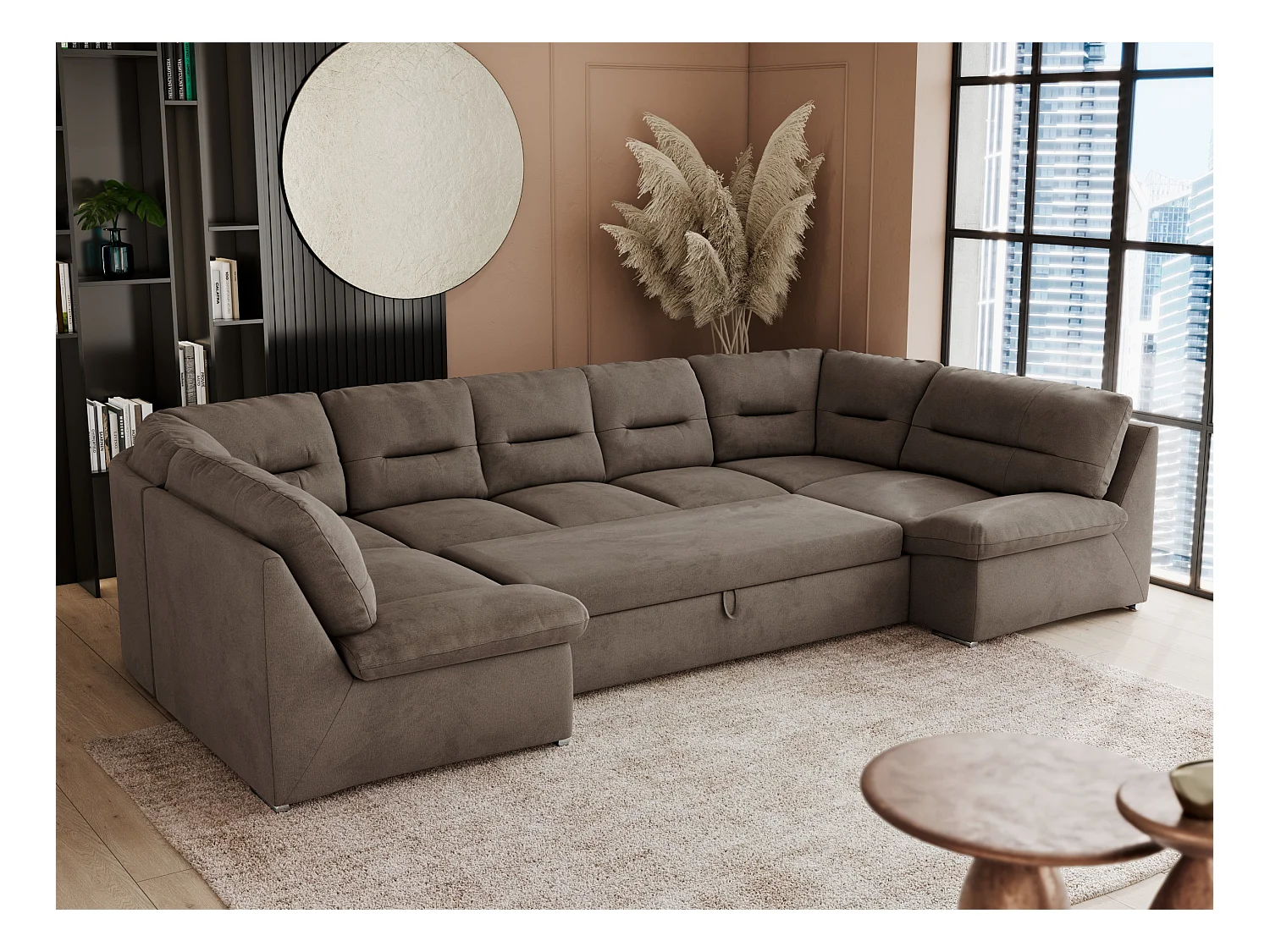 Ecksofa COMODO U, Große Wohnlandschaft, mit Schlaffunktion - Braun Velvet
