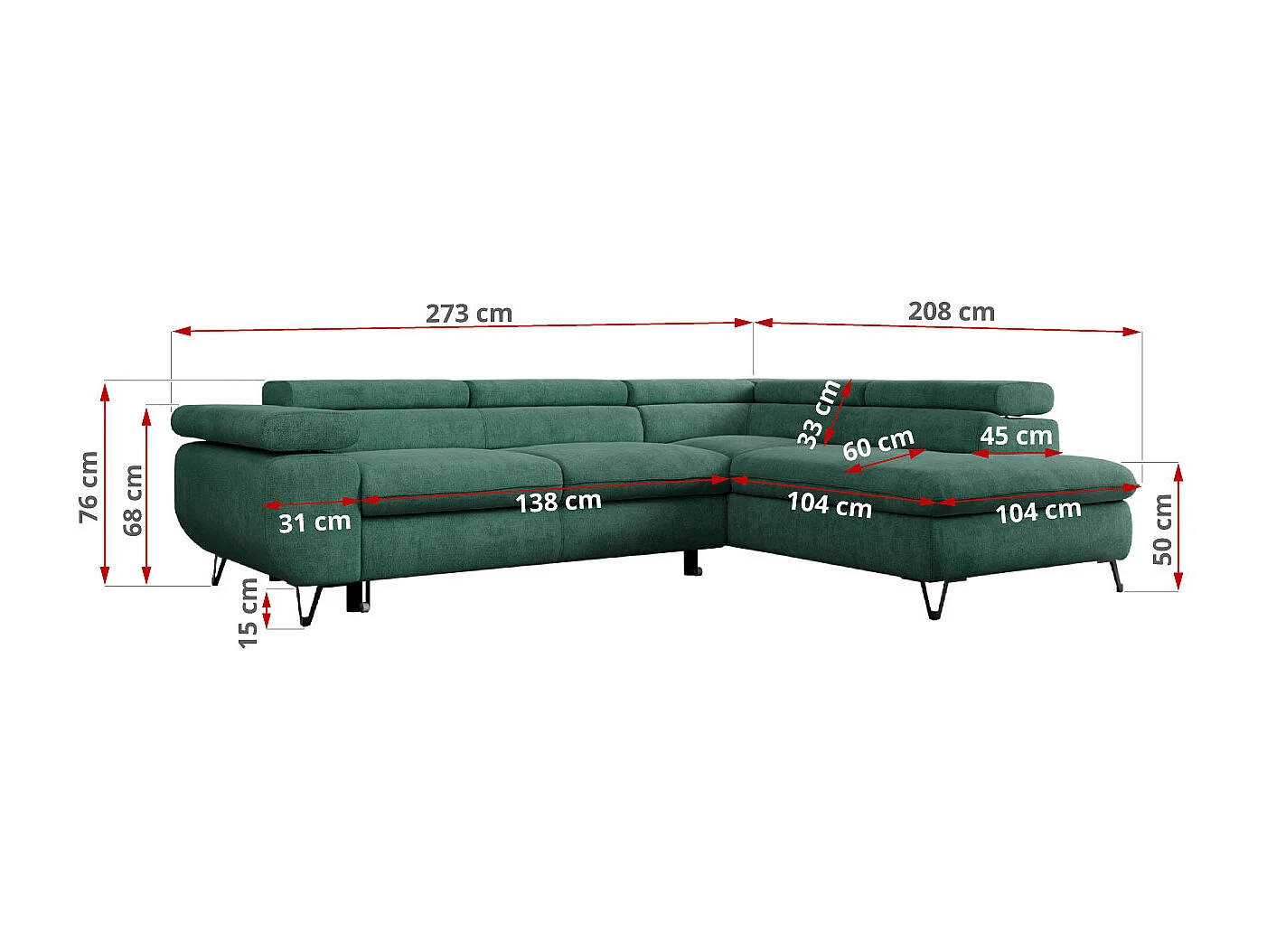 Ecksofa PEDRO - L-Form mit Schlaffunktion 200x125 cm, verstellbaren Kopfstützen - Grün Stukture - Ecke Links