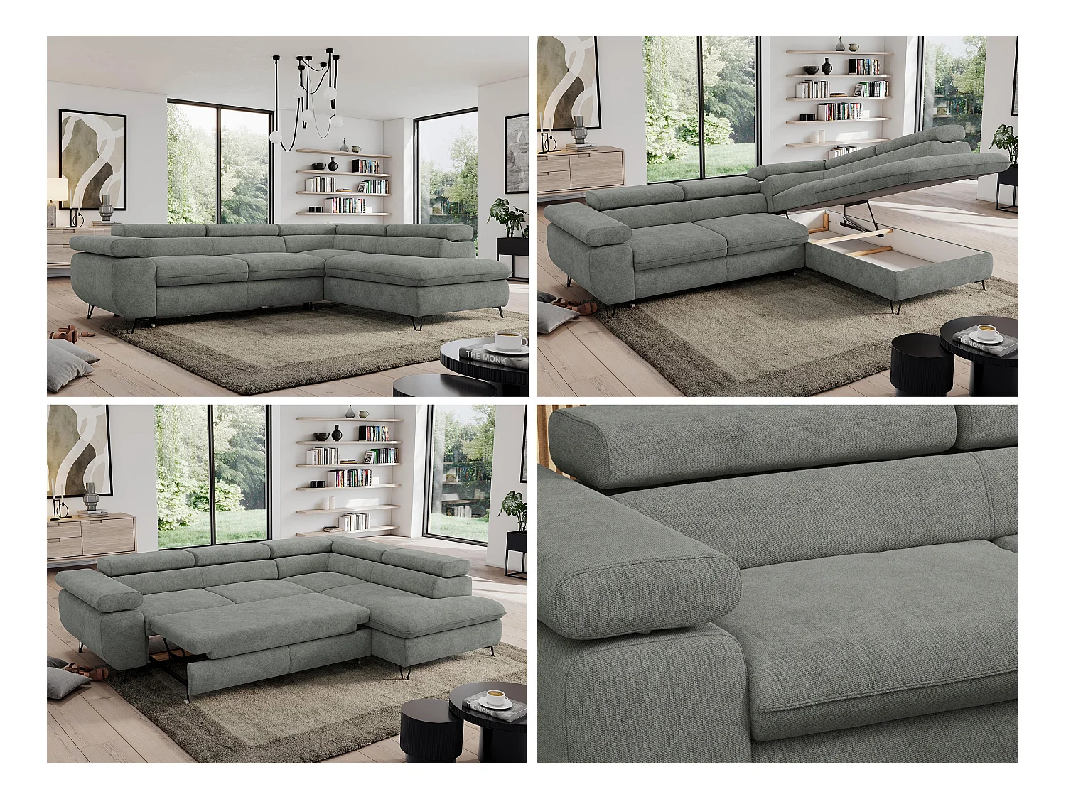 Ecksofa PEDRO - L-Form mit Schlaffunktion 200x125 cm, verstellbaren Kopfstützen - Grau Stukture - Ecke Rechts