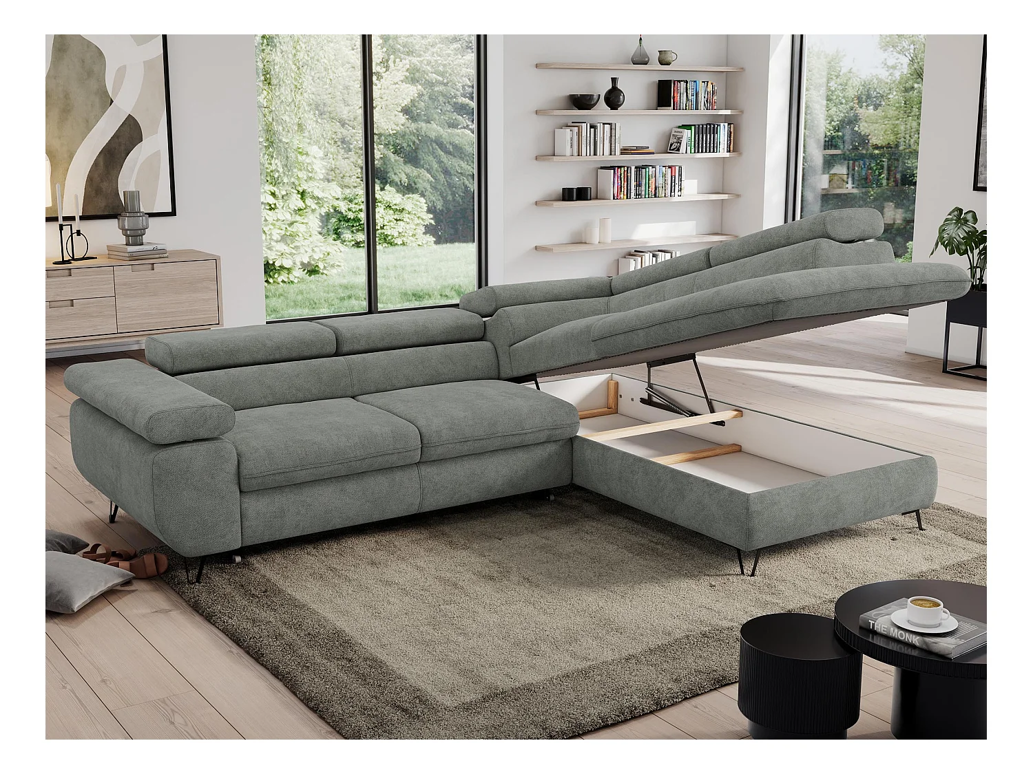 Ecksofa PEDRO - L-Form mit Schlaffunktion 200x125 cm, verstellbaren Kopfstützen - Grau Stukture - Ecke Rechts