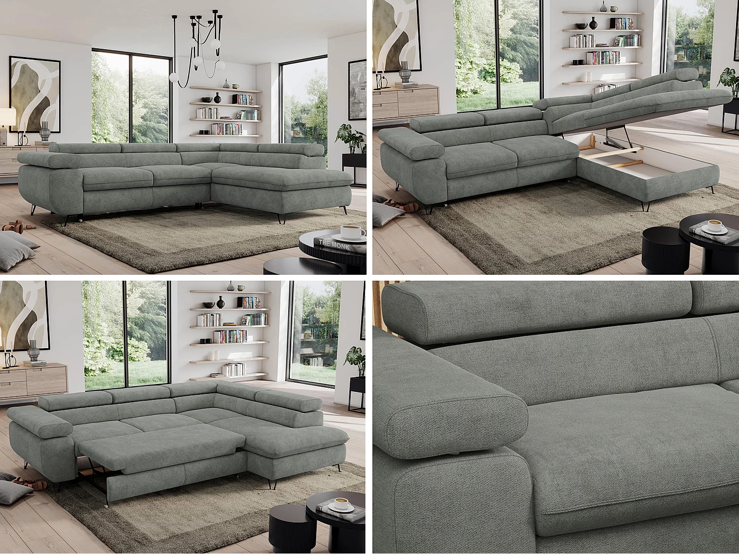 Ecksofa PEDRO - L-Form mit Schlaffunktion 200x125 cm, verstellbaren Kopfstützen - Grau Stukture - Ecke Rechts