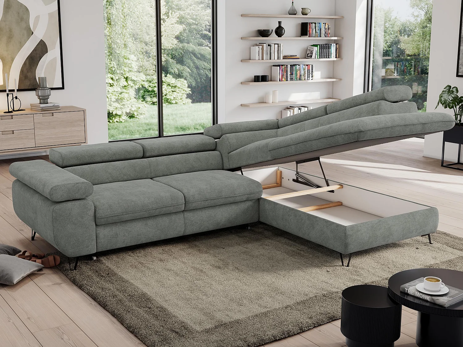 Ecksofa PEDRO - L-Form mit Schlaffunktion 200x125 cm, verstellbaren Kopfstützen - Grau Stukture - Ecke Rechts