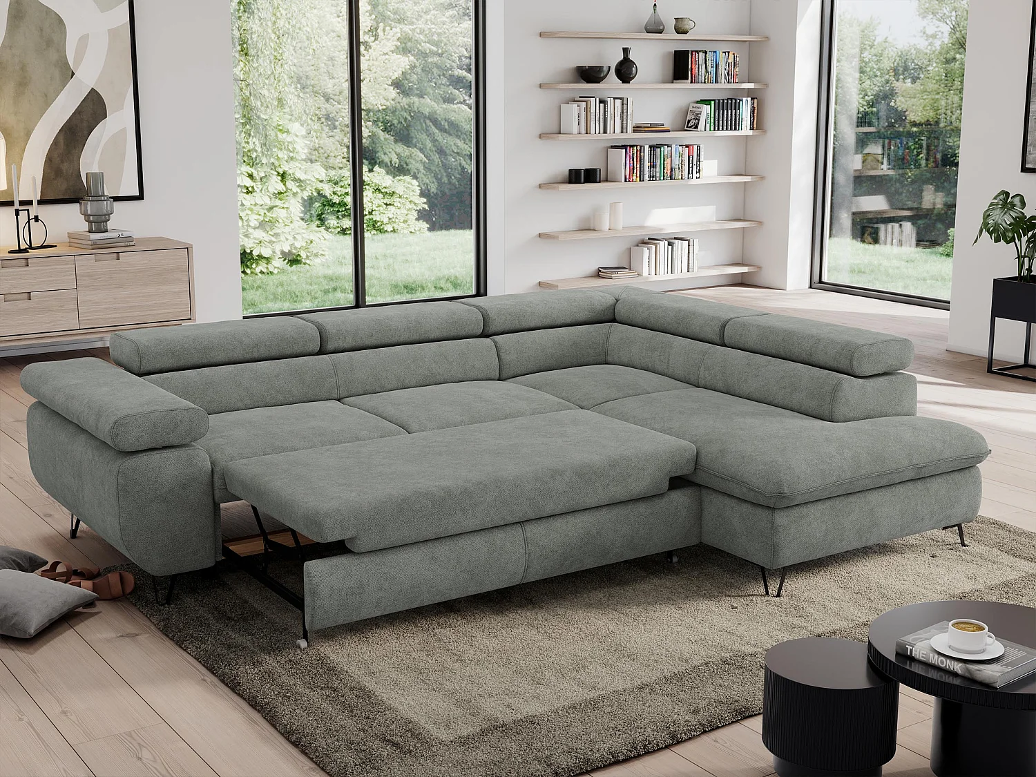 Ecksofa PEDRO - L-Form mit Schlaffunktion 200x125 cm, verstellbaren Kopfstützen - Grau Stukture - Ecke Rechts