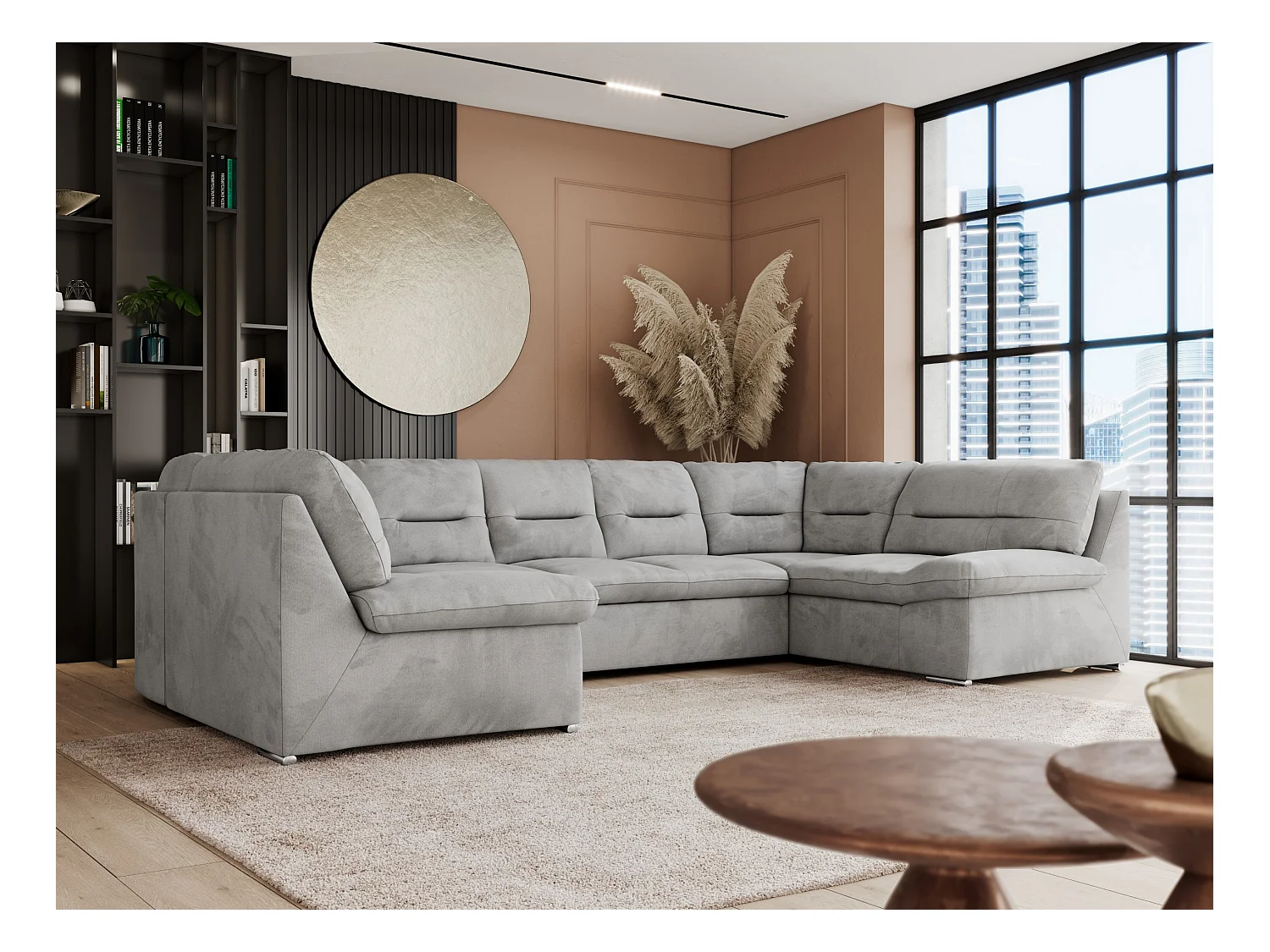 Ecksofa COMODO U, Große Wohnlandschaft, mit Schlaffunktion - Hellgrau Velvet