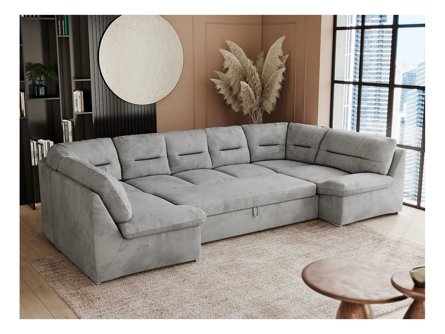 Ecksofa COMODO U, Große Wohnlandschaft, mit Schlaffunktion - Hellgrau Velvet