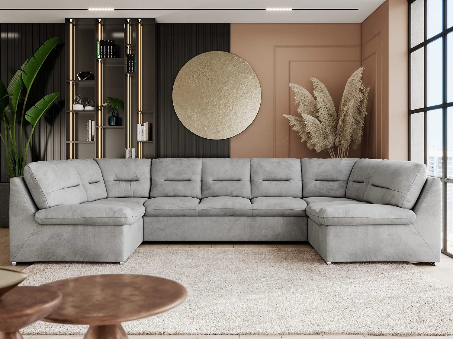 Ecksofa COMODO U, Große Wohnlandschaft, mit Schlaffunktion - Hellgrau Velvet