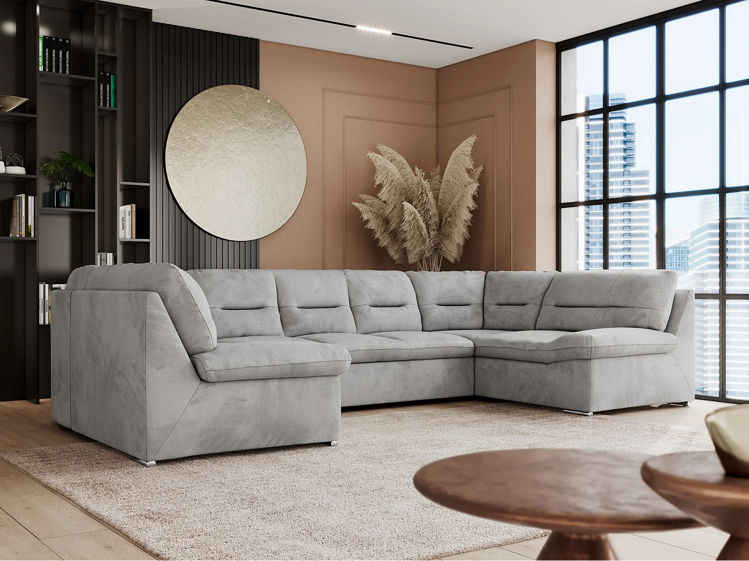 Ecksofa COMODO U, Große Wohnlandschaft, mit Schlaffunktion - Hellgrau Velvet