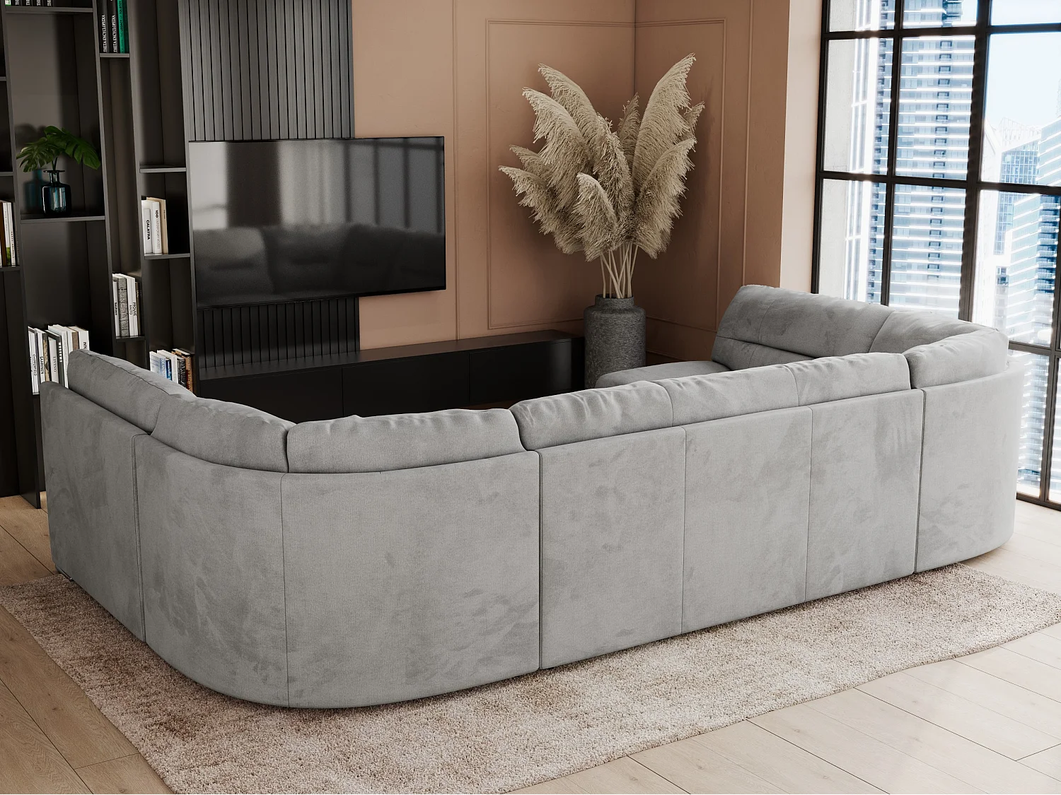 Ecksofa COMODO U, Große Wohnlandschaft, mit Schlaffunktion - Hellgrau Velvet