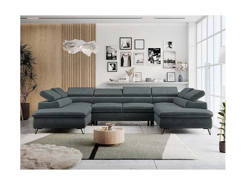 Ecksofa PETER U - schlaffunktion und Bettkästen, verstellbare Kopfstützen - Dunkelgrau Velvet
