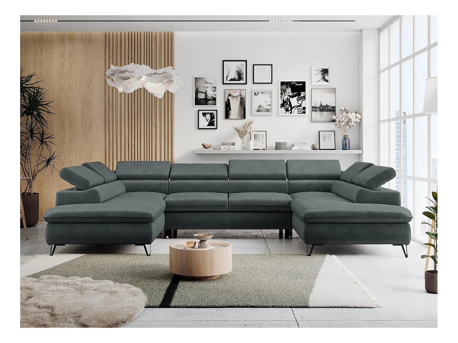 Ecksofa PETER U - schlaffunktion und Bettkästen, verstellbare Kopfstützen - Dunkelgrau Velvet