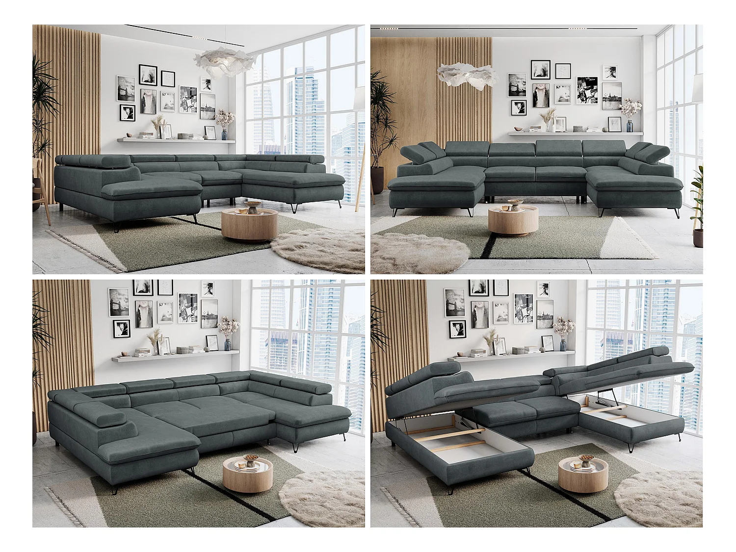 Ecksofa PETER U - schlaffunktion und Bettkästen, verstellbare Kopfstützen - Dunkelgrau Velvet