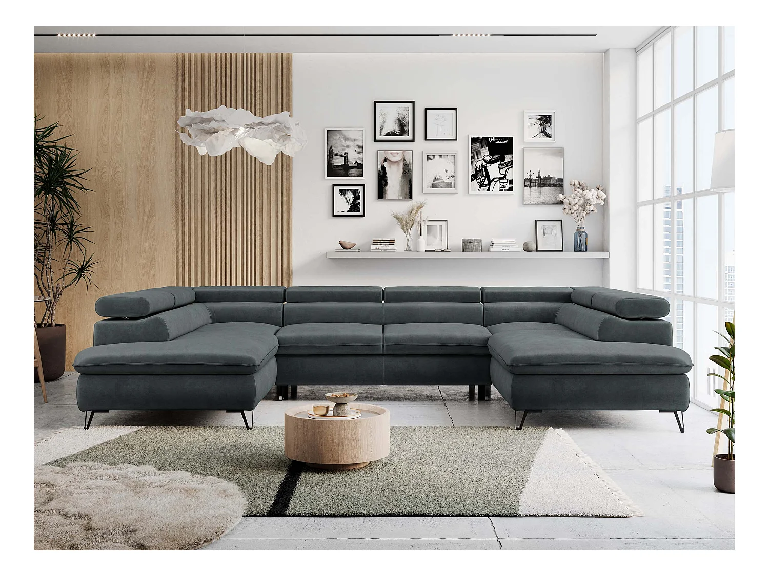 Ecksofa PETER U - schlaffunktion und Bettkästen, verstellbare Kopfstützen - Dunkelgrau Velvet