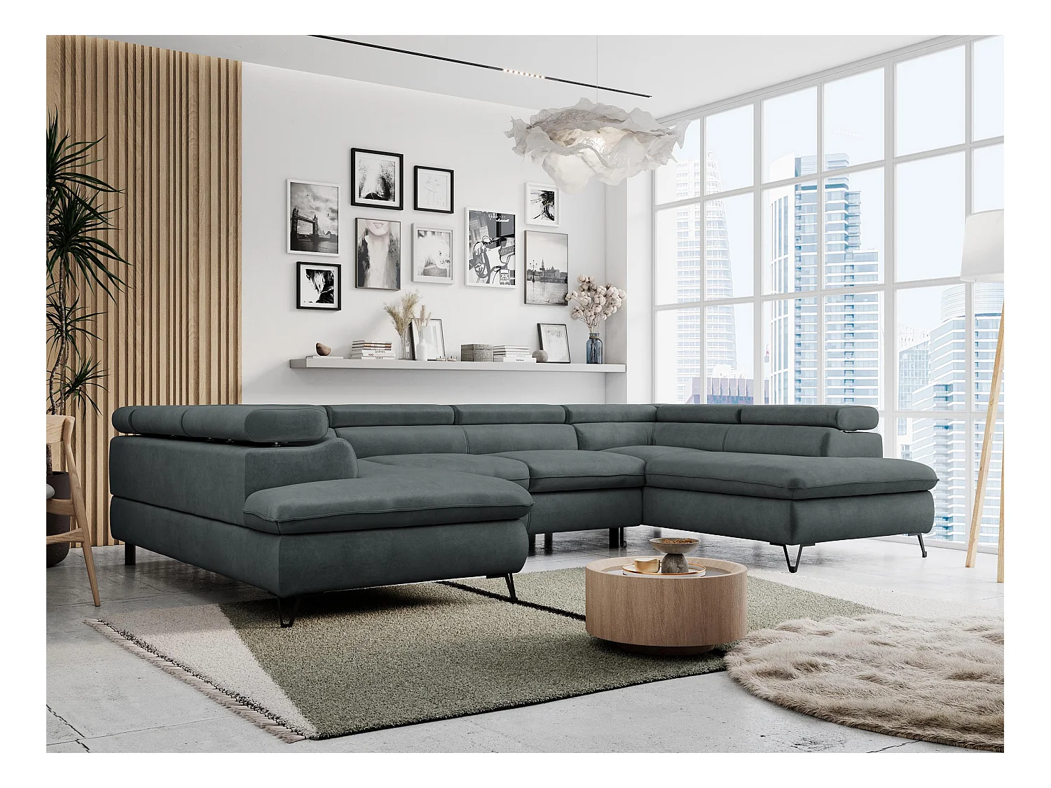 Ecksofa PETER U - schlaffunktion und Bettkästen, verstellbare Kopfstützen - Dunkelgrau Velvet