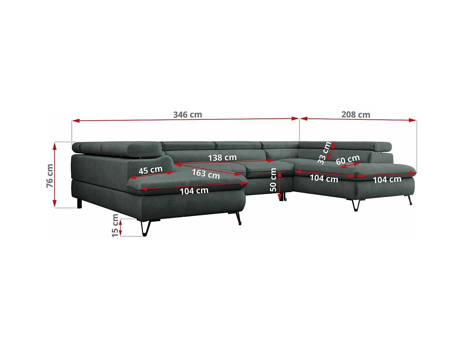 Ecksofa PETER U - schlaffunktion und Bettkästen, verstellbare Kopfstützen - Dunkelgrau Velvet