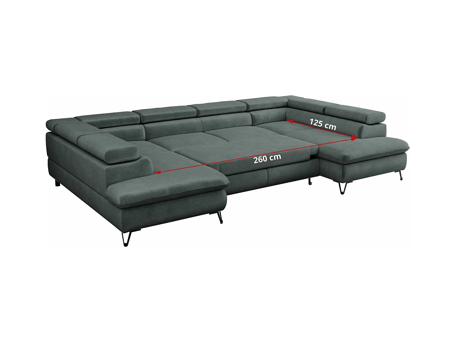 Ecksofa PETER U - schlaffunktion und Bettkästen, verstellbare Kopfstützen - Dunkelgrau Velvet