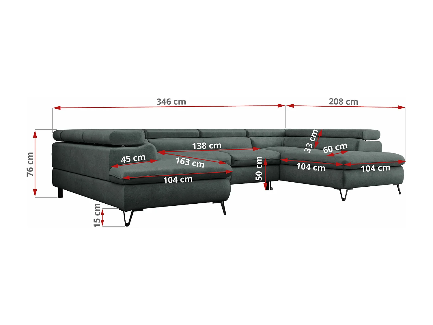 Ecksofa PETER U - schlaffunktion und Bettkästen, verstellbare Kopfstützen - Dunkelgrau Velvet