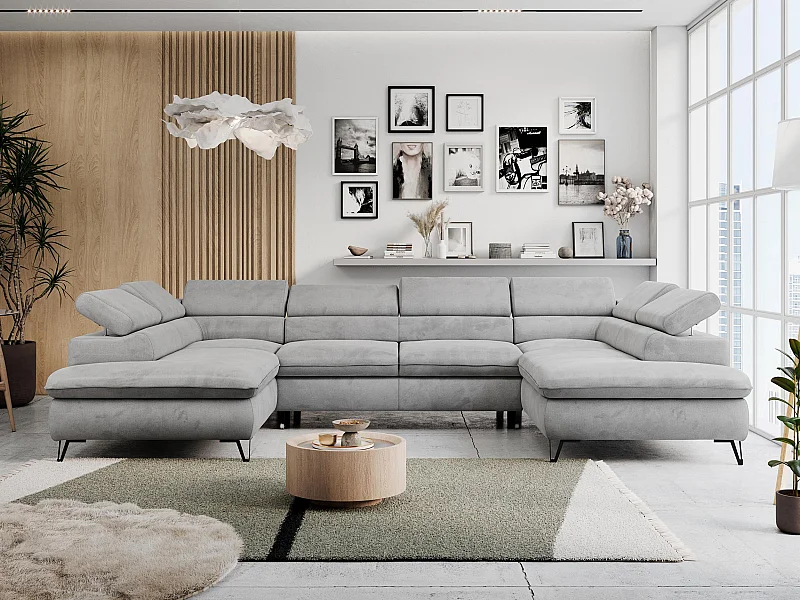 Ecksofa PETER U - schlaffunktion und Bettkästen, verstellbare Kopfstützen - Hellgrau Velvet