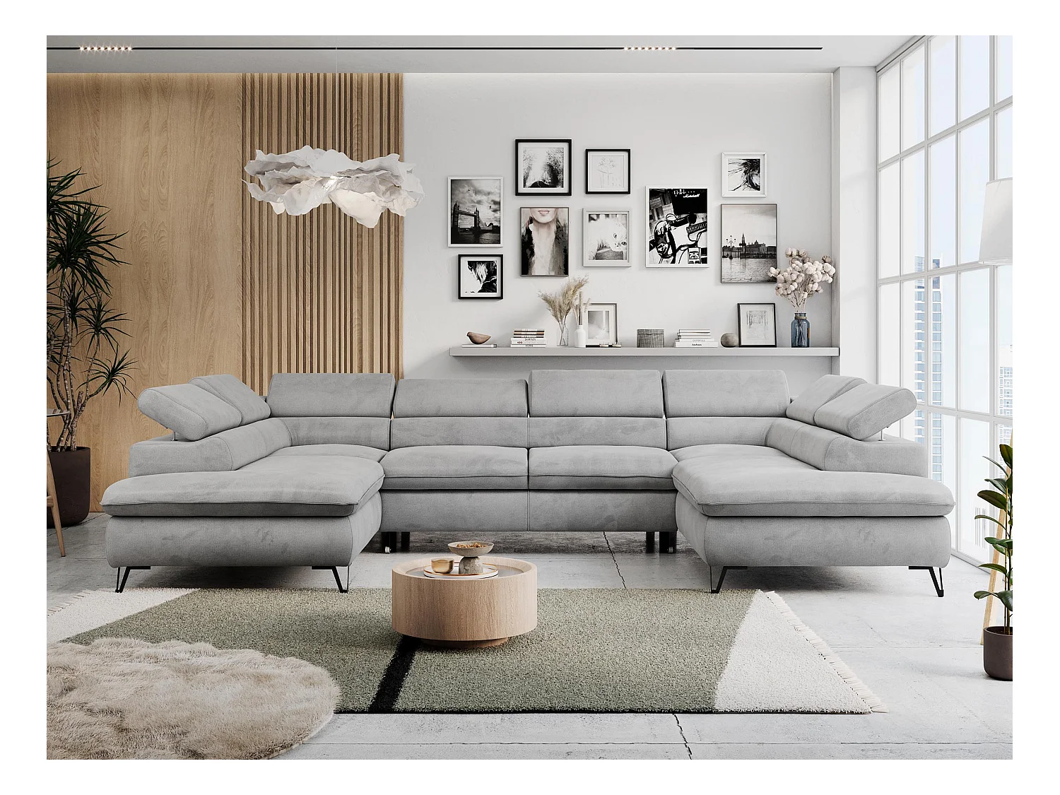 Ecksofa PETER U - schlaffunktion und Bettkästen, verstellbare Kopfstützen - Hellgrau Velvet