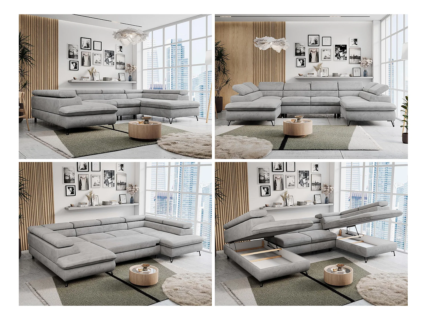 Ecksofa PETER U - schlaffunktion und Bettkästen, verstellbare Kopfstützen - Hellgrau Velvet