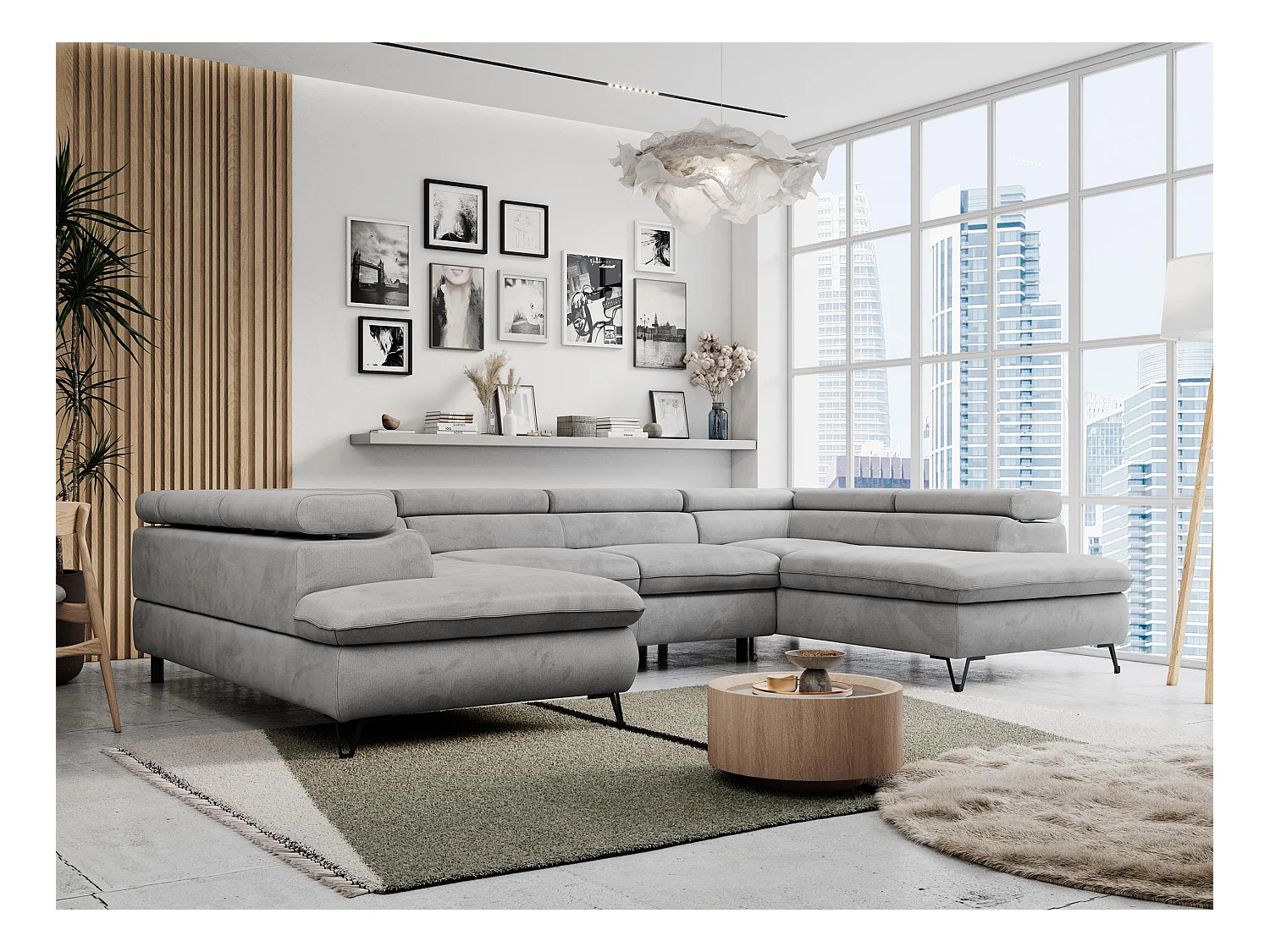 Ecksofa PETER U - schlaffunktion und Bettkästen, verstellbare Kopfstützen - Hellgrau Velvet