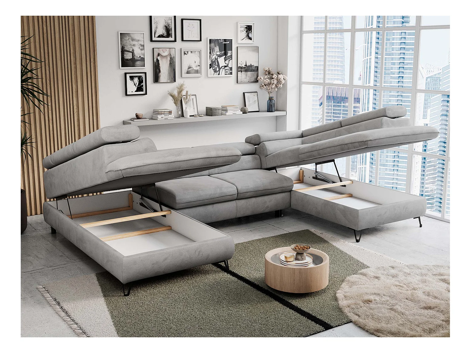 Ecksofa PETER U - schlaffunktion und Bettkästen, verstellbare Kopfstützen - Hellgrau Velvet