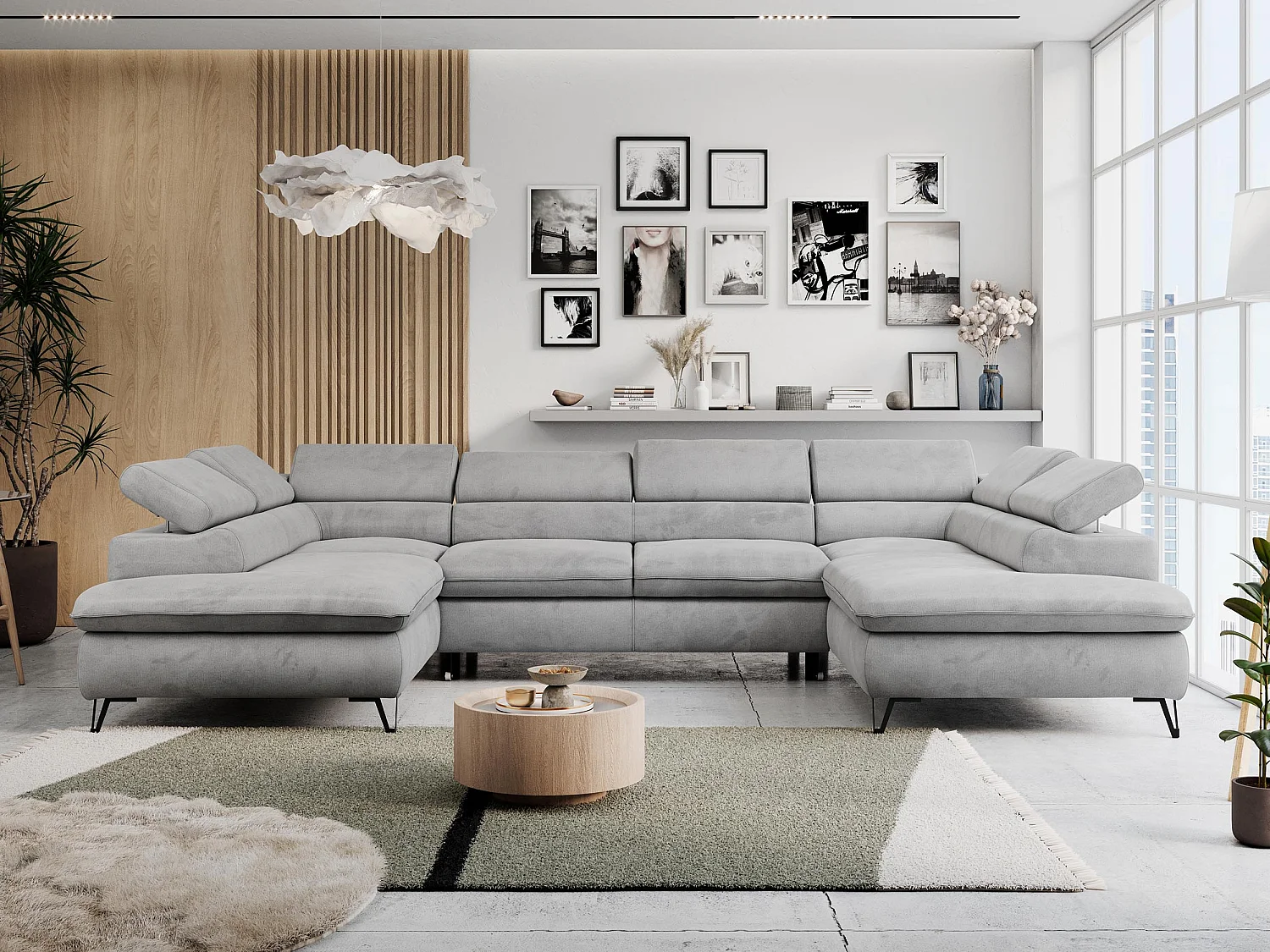 Ecksofa PETER U - schlaffunktion und Bettkästen, verstellbare Kopfstützen - Hellgrau Velvet
