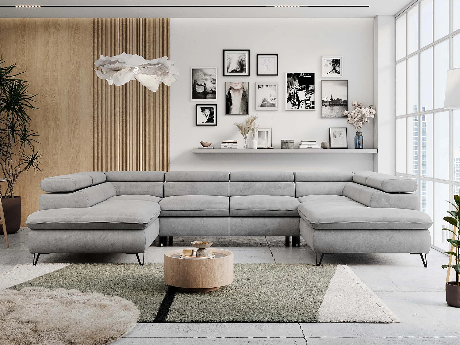 Ecksofa PETER U - schlaffunktion und Bettkästen, verstellbare Kopfstützen - Hellgrau Velvet