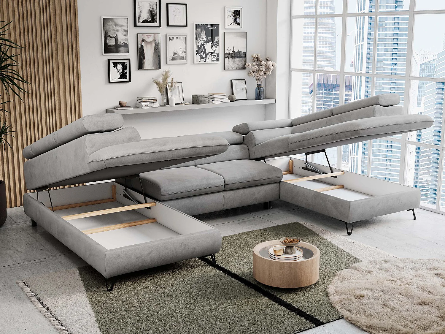 Ecksofa PETER U - schlaffunktion und Bettkästen, verstellbare Kopfstützen - Hellgrau Velvet