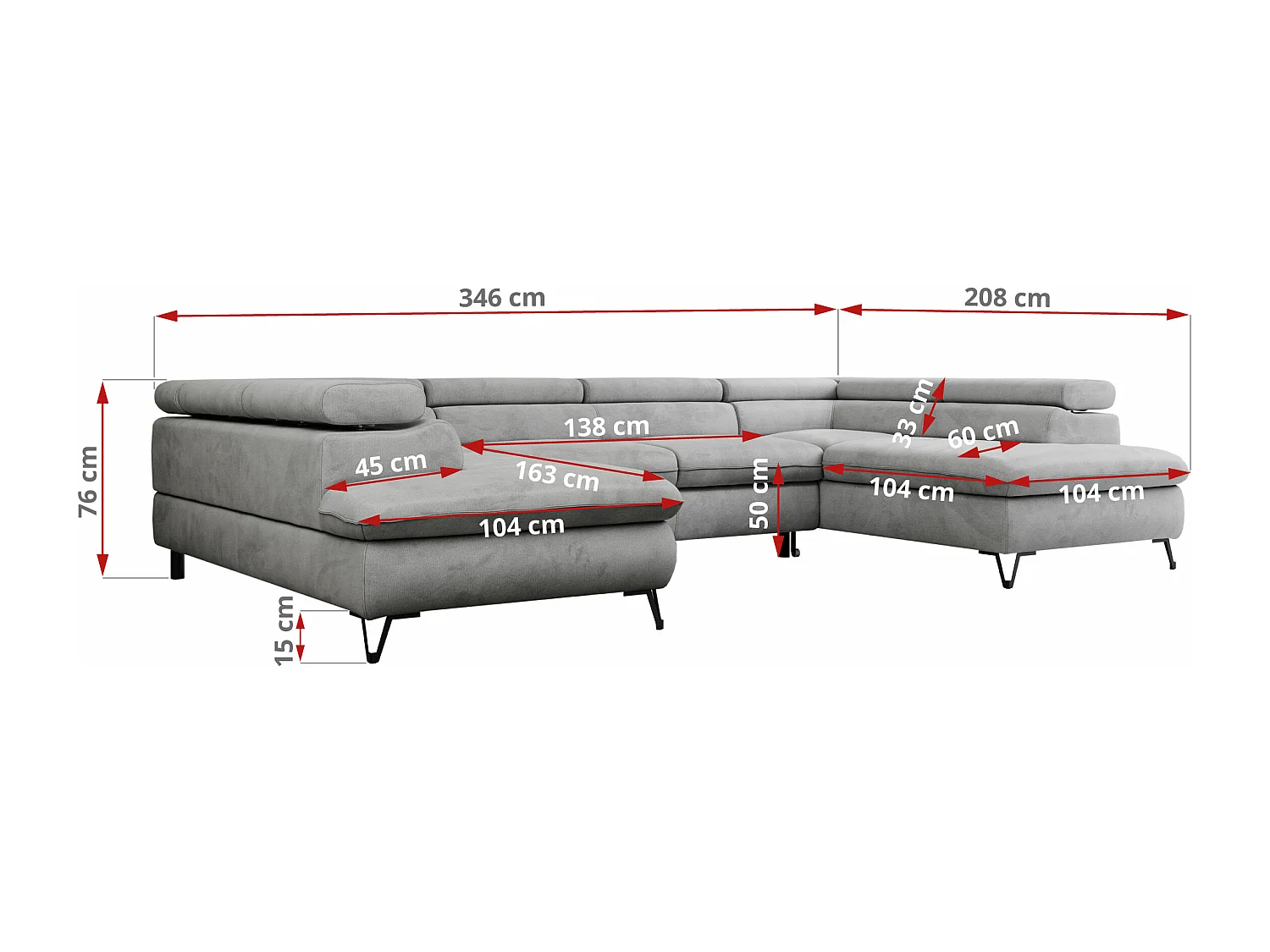 Ecksofa PETER U - schlaffunktion und Bettkästen, verstellbare Kopfstützen - Hellgrau Velvet