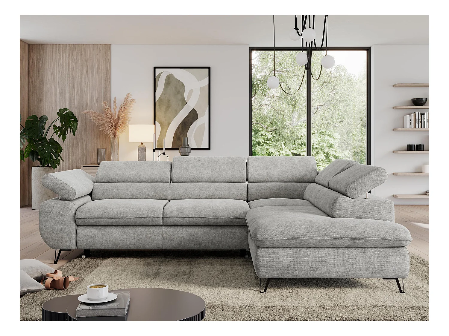 Ecksofa PEDRO - L-Form mit Schlaffunktion 200x125 cm, verstellbaren Kopfstützen - Hellgrau Stukture - Ecke Rechts