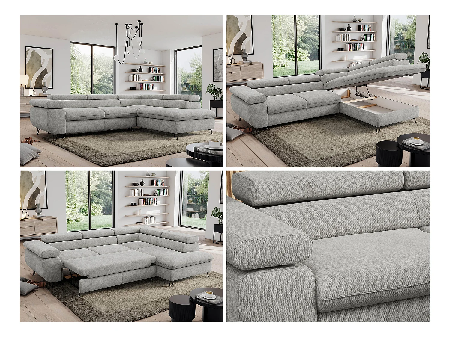 Ecksofa PEDRO - L-Form mit Schlaffunktion 200x125 cm, verstellbaren Kopfstützen - Hellgrau Stukture - Ecke Rechts