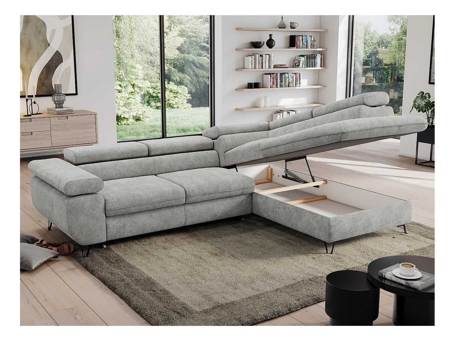 Ecksofa PEDRO - L-Form mit Schlaffunktion 200x125 cm, verstellbaren Kopfstützen - Hellgrau Stukture - Ecke Rechts