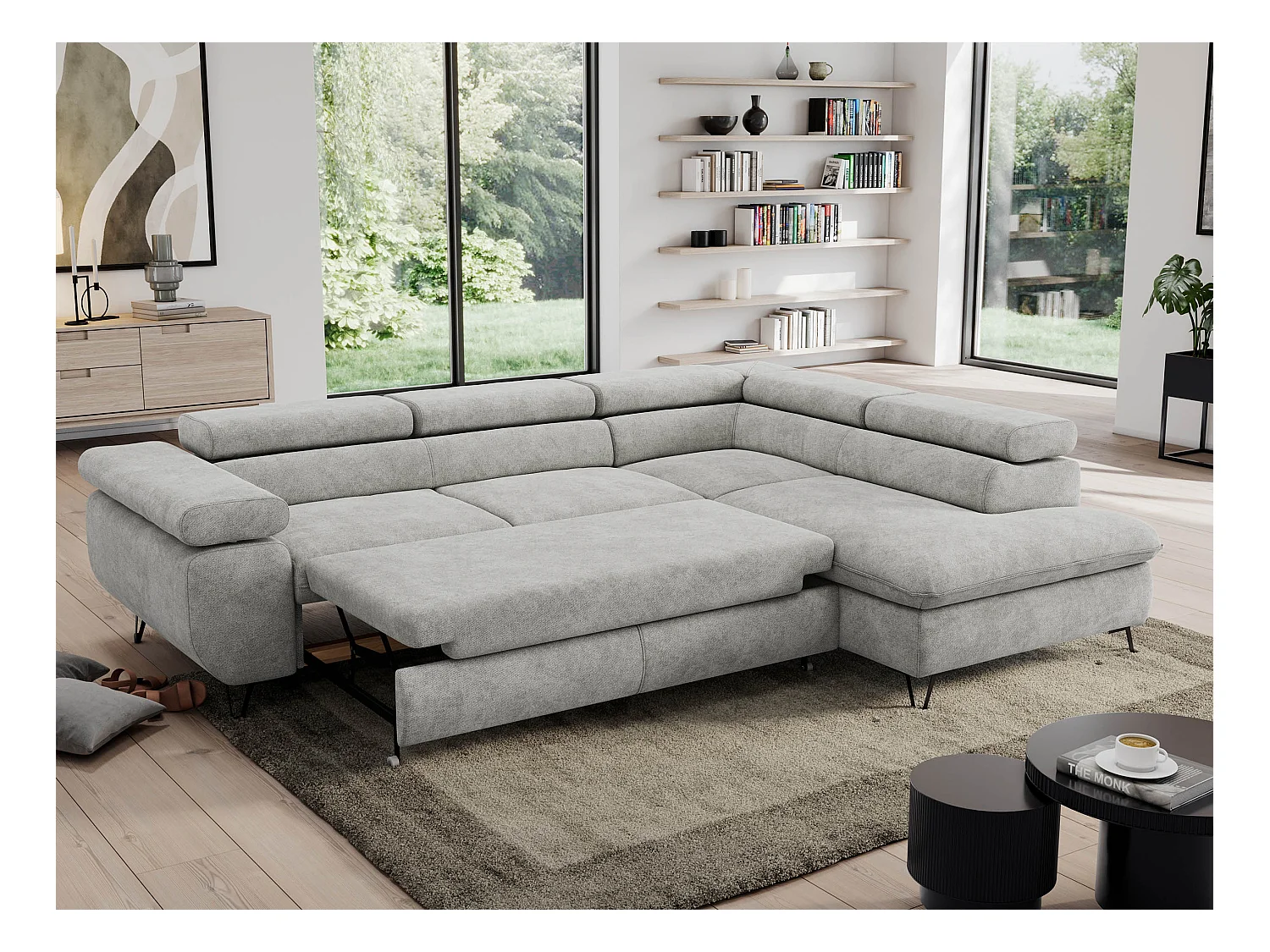 Ecksofa PEDRO - L-Form mit Schlaffunktion 200x125 cm, verstellbaren Kopfstützen - Hellgrau Stukture - Ecke Rechts