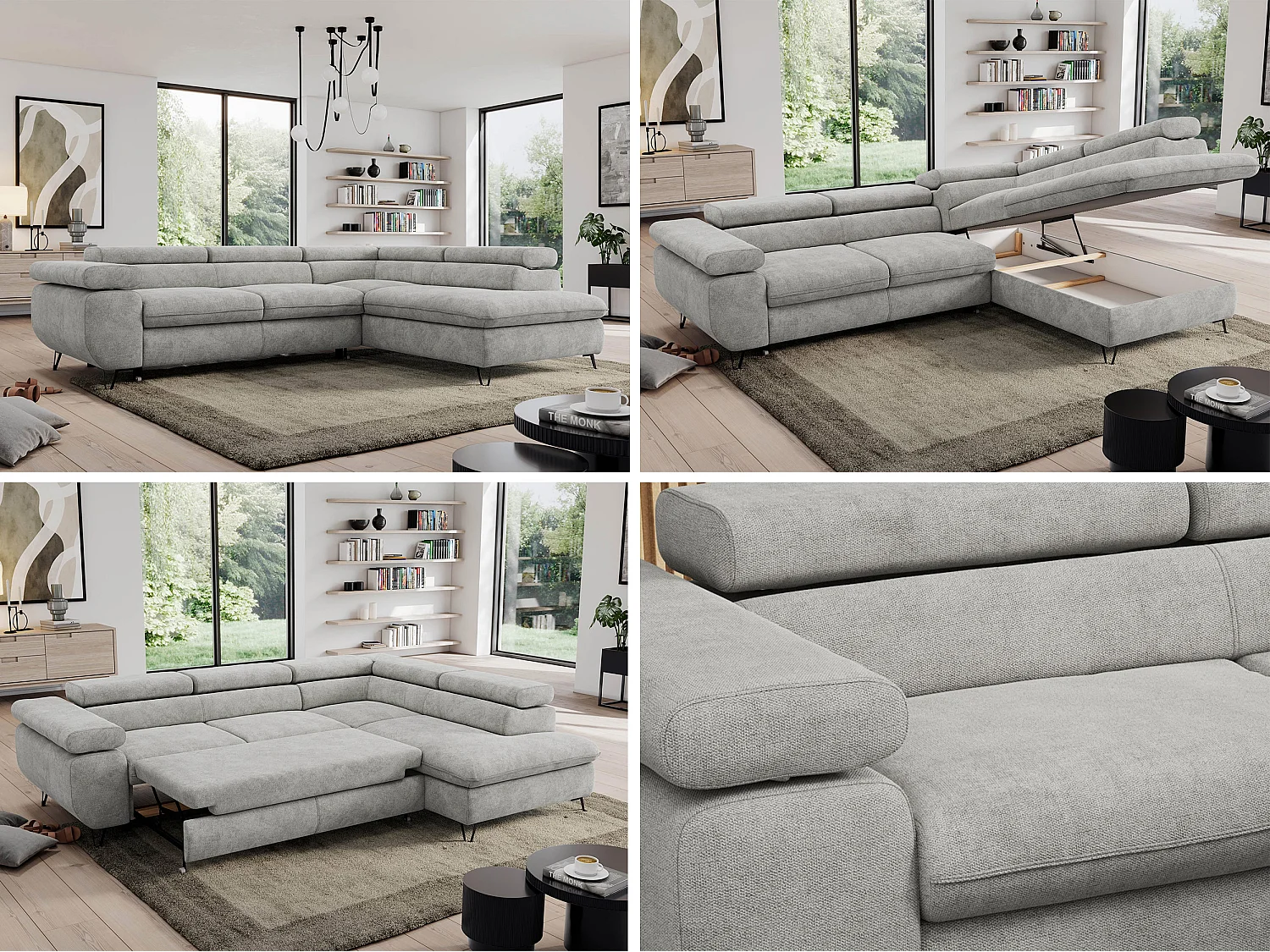 Ecksofa PEDRO - L-Form mit Schlaffunktion 200x125 cm, verstellbaren Kopfstützen - Hellgrau Stukture - Ecke Rechts